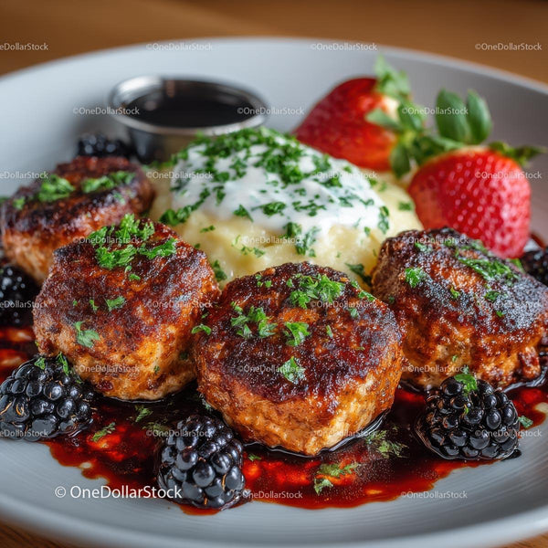 Savory Meat Patties with Mashed Potatoes and Berries