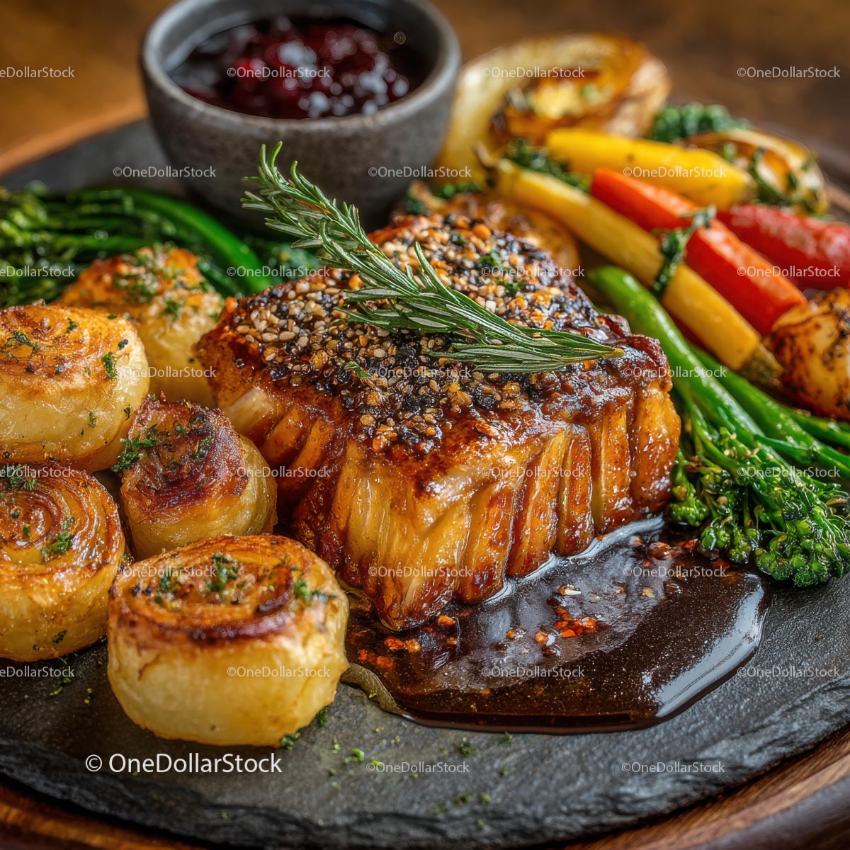 Delicious Glazed Steak with Vegetables and Potatoes