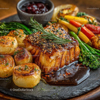 Delicious Glazed Steak with Vegetables and Potatoes