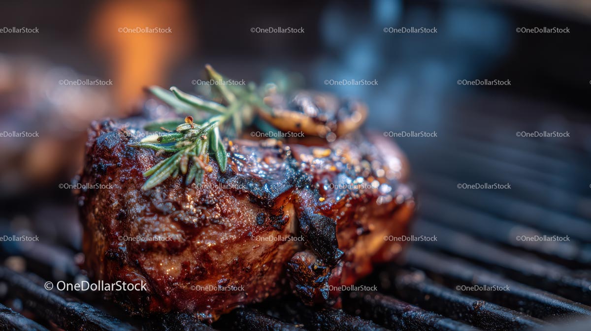 Juicy Grilled Steak with Rosemary on BBQ