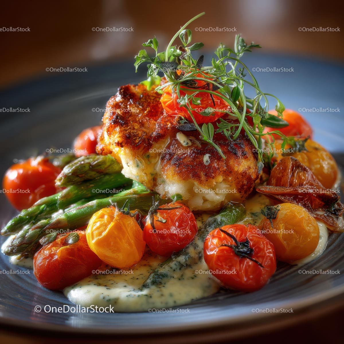 Pyszne danie gourmet z pieczonymi pomidorami i tymiankiem