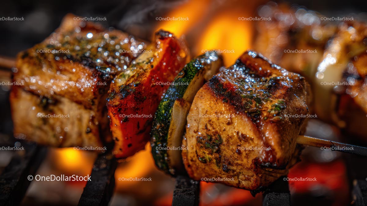 Juicy BBQ Skewers with Vegetables on a Flaming Grill