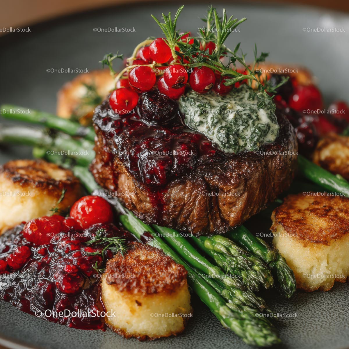 Gourmet Beef Fillet with Asparagus and Berry Garnish