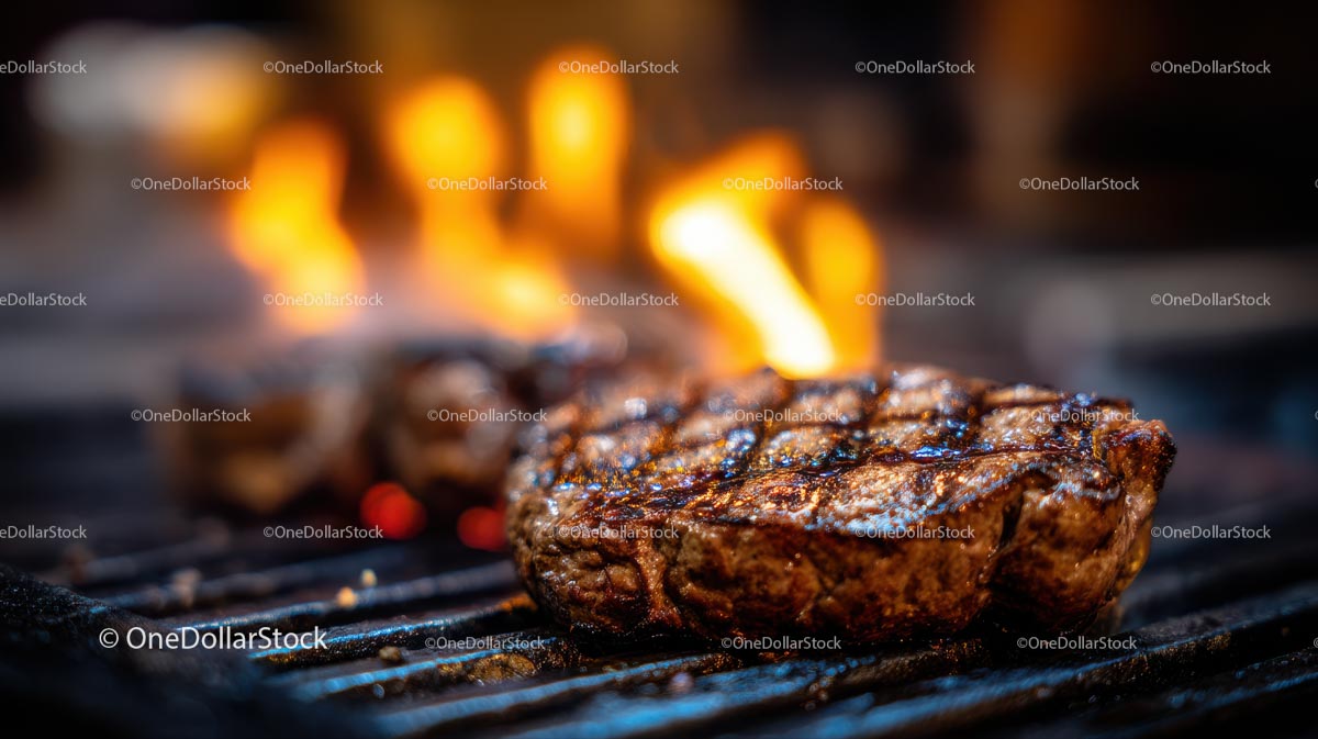Juicy Grilled Steak on Barbecue with Flames