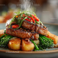 Grilled Steak with Vegetables and Golden Potatoes