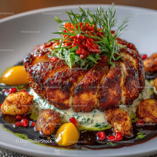 Gourmet Roasted Chicken with Herb Garnish and Yellow Tomatoes