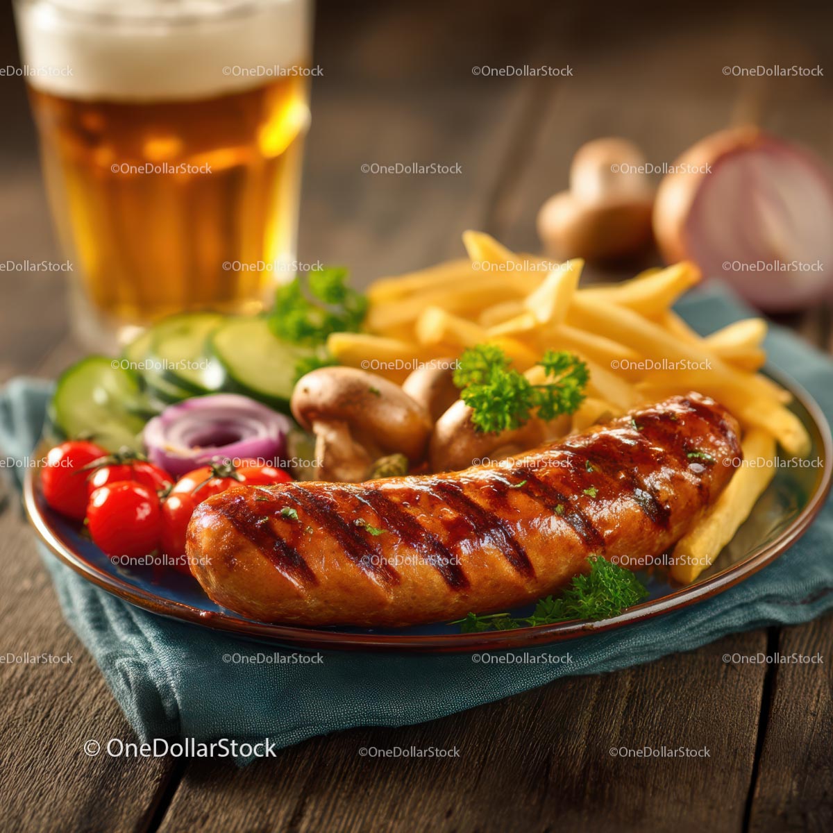 Grilled Sausage and Fries with Refreshing Beer