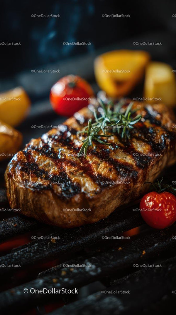 Grilled Steak with Rosemary and Fresh Vegetables on BBQ