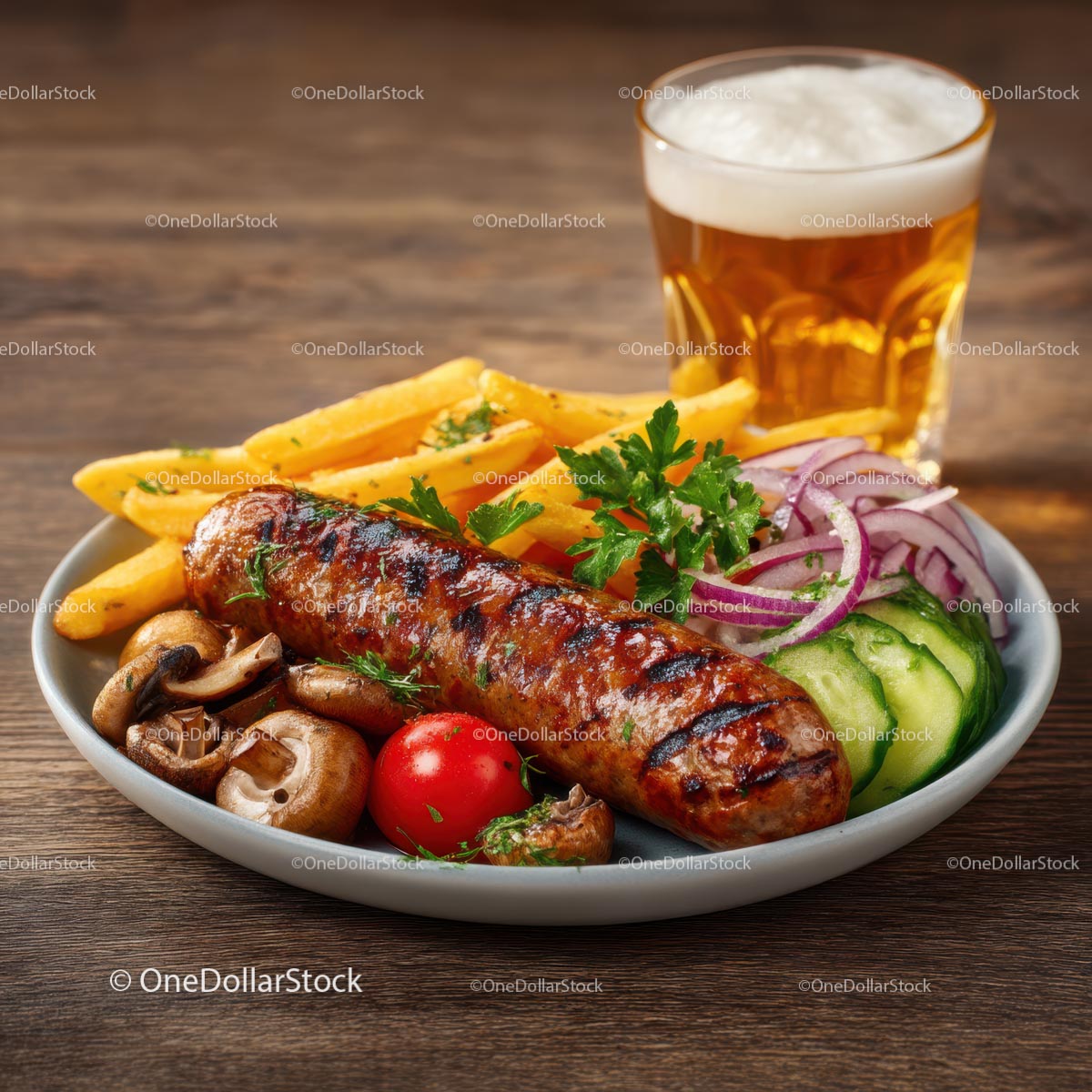 Grilled Sausage with Fries and Beer on Wooden Table