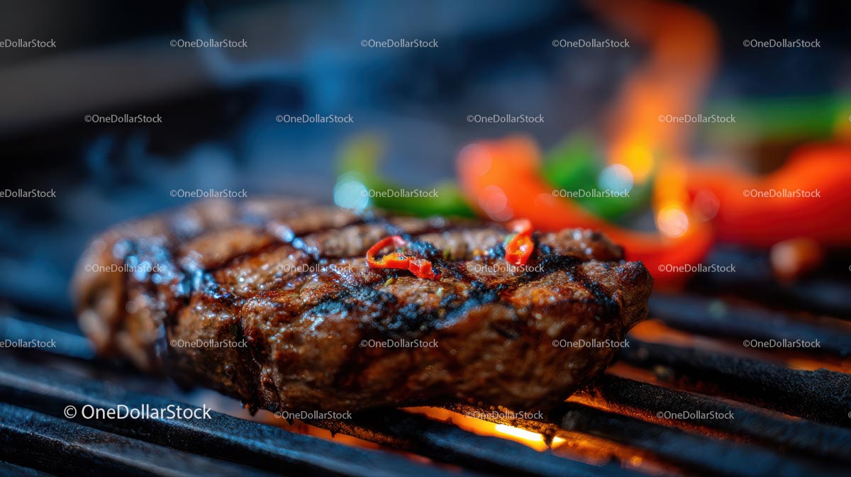 Soczysty grillowany stek z kolorowymi paprykami na grillu