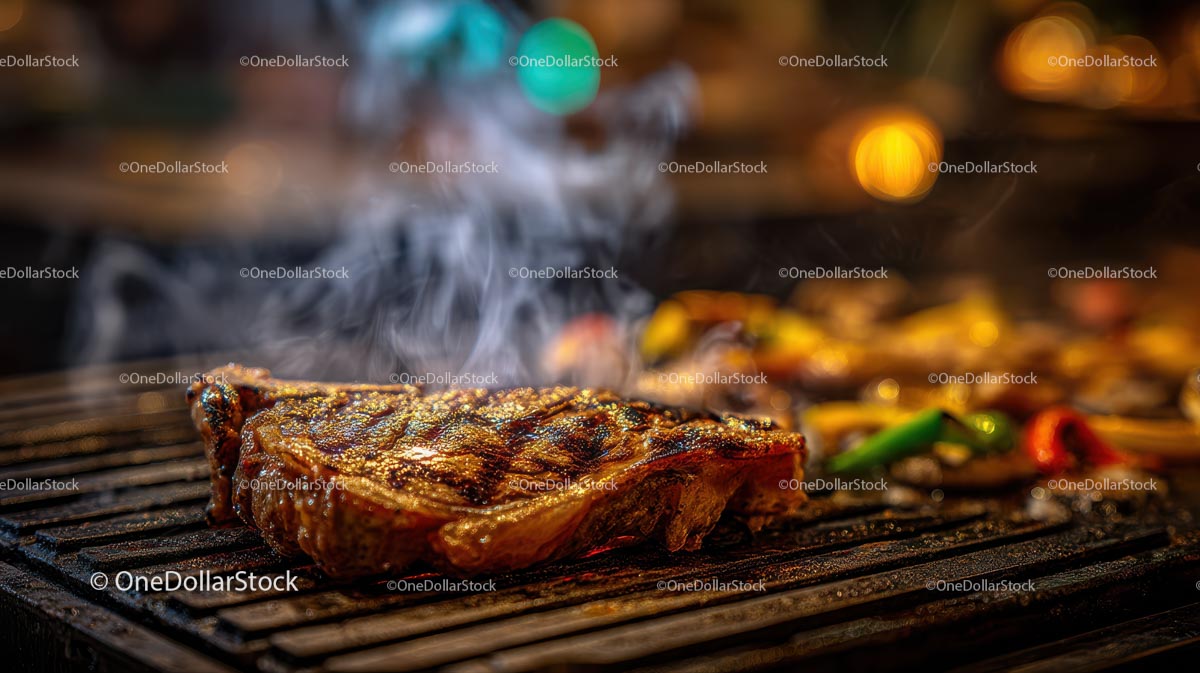Soczysty grillowany stek skwierczący na grillu na świeżym powietrzu