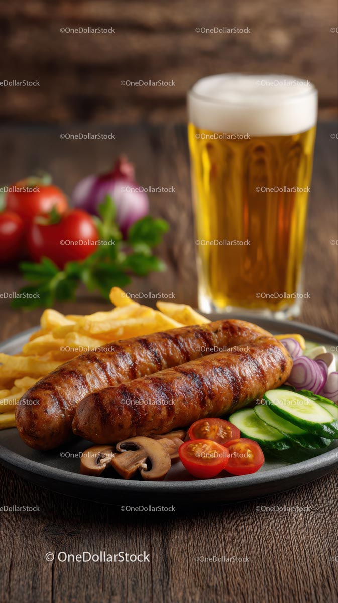 Grilled Sausages with Fries and Fresh Vegetables on Rustic Table