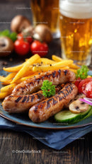 Grilled Sausages with Fries and Fresh Vegetables