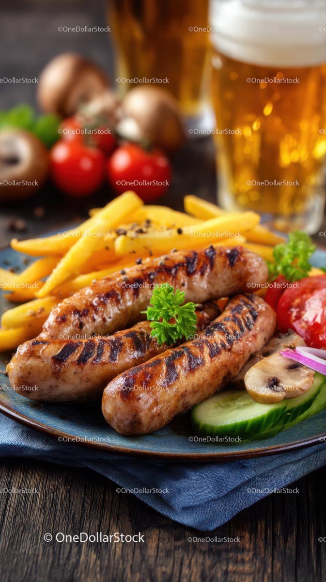 Grilled Sausages with Fries and Fresh Vegetables