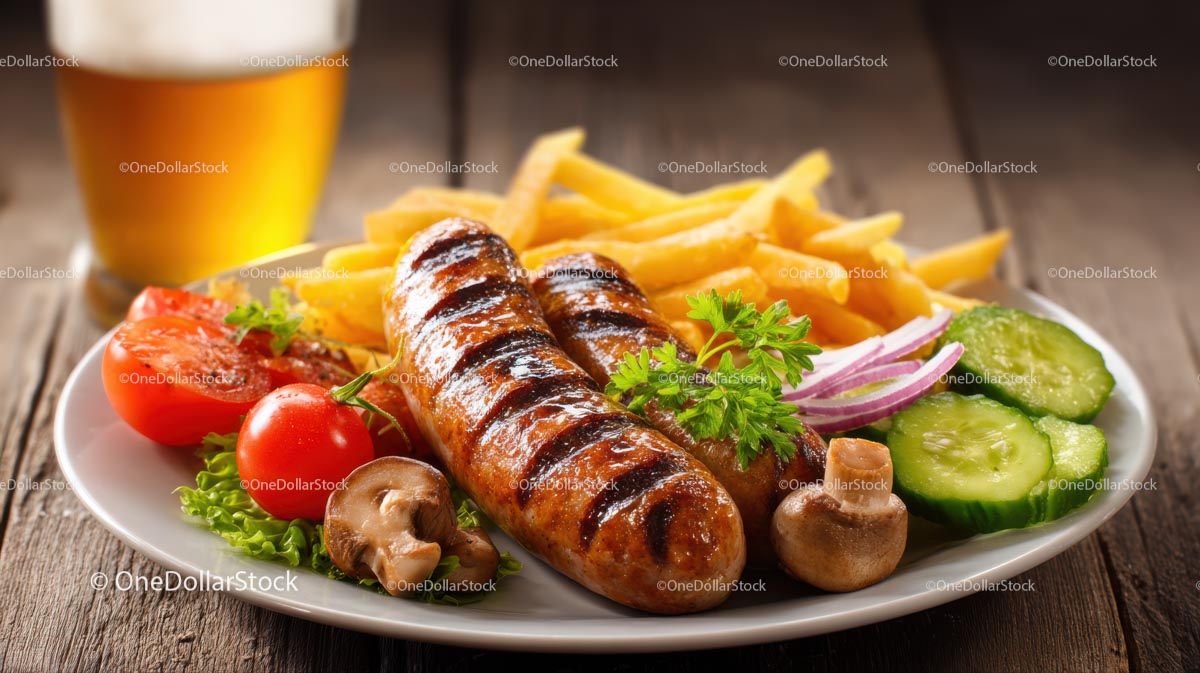 Grilled Sausage with Crispy Fries and Fresh Vegetables