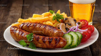 Grilled Sausages with Fries and Vegetables on Rustic Table
