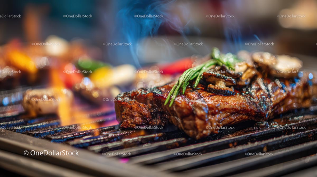 Soczysty grillowany stek z rozmarynem i grzybami na grillu