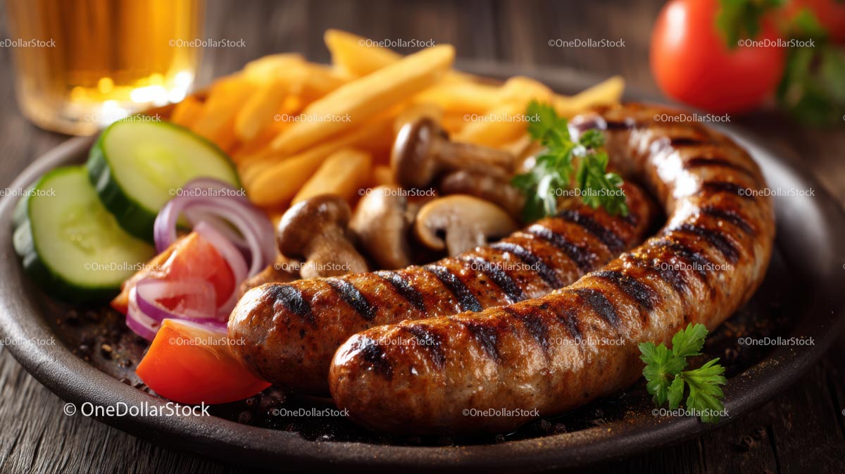 Grillowane kiełbaski z warzywami i frytkami