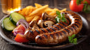 Grilled Sausages with Vegetables and Fries