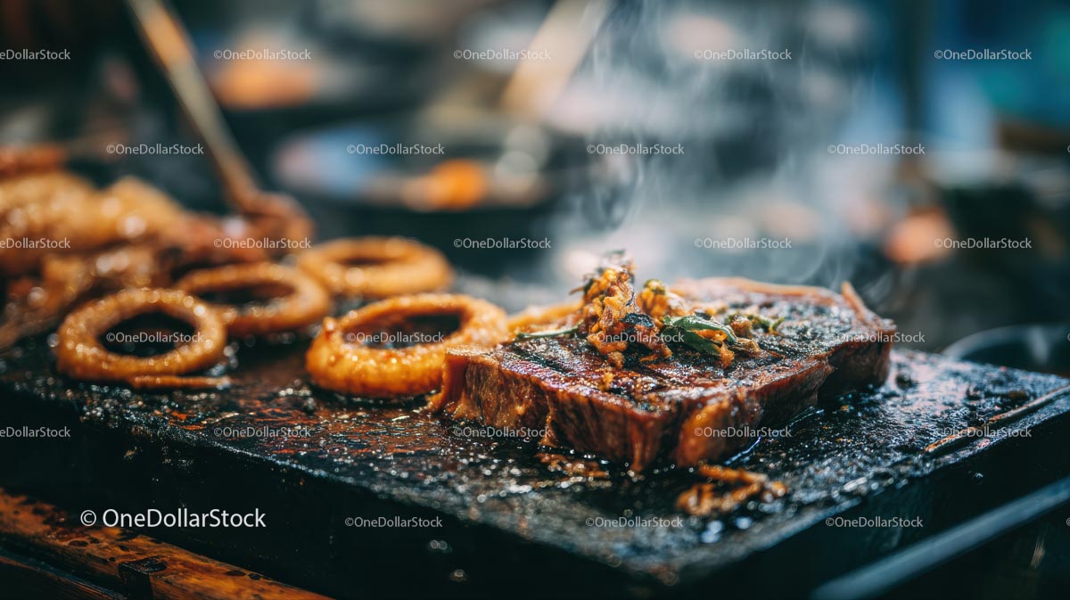 Sizzling Grilled Steak with Crispy Onion Rings