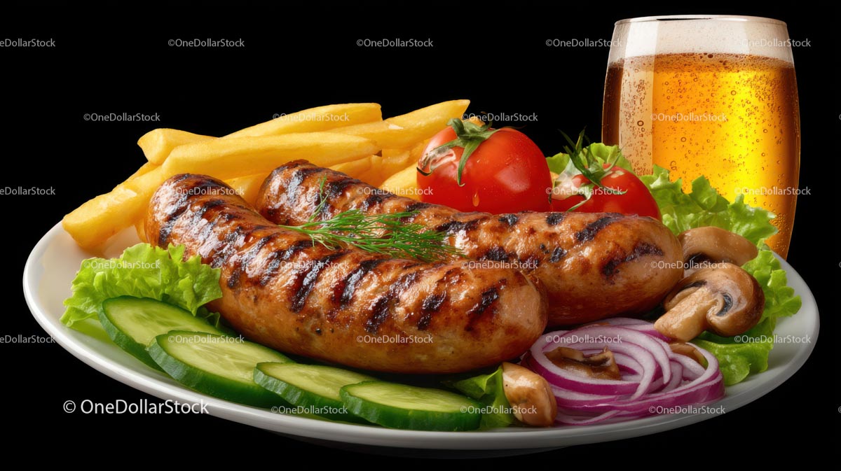 Grilled Sausages with Crispy Fries and Fresh Vegetables