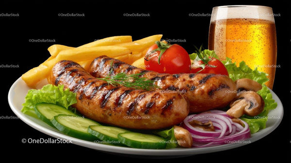 Grilled Sausages with Crispy Fries and Fresh Vegetables