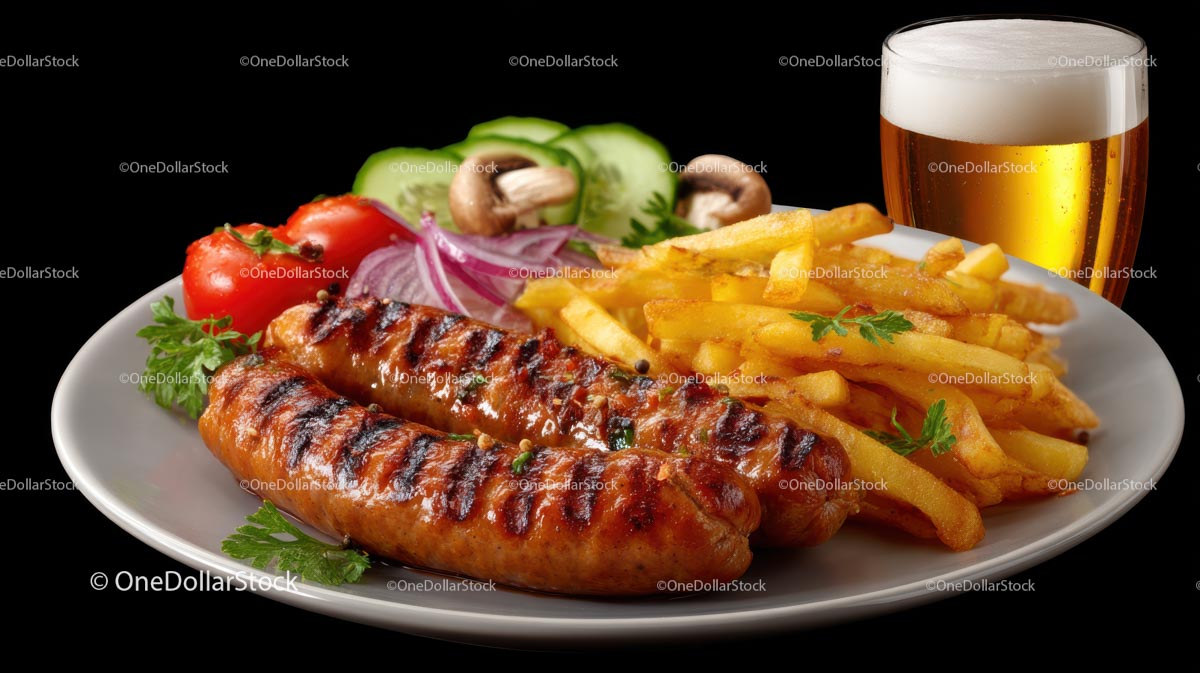 Grilled Sausages with Fries and Fresh Vegetables