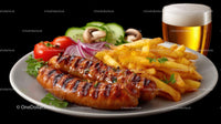 Grilled Sausages with Fries and Fresh Vegetables