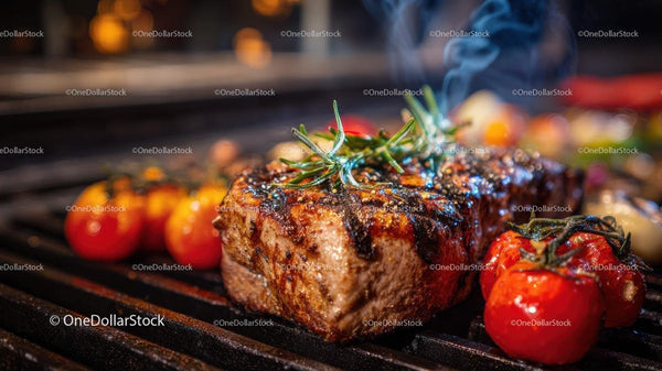 Grilled Steak with Rosemary and Roasted Tomatoes on Barbecue