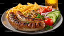 Grilled Sausage with Fries and Fresh Vegetables