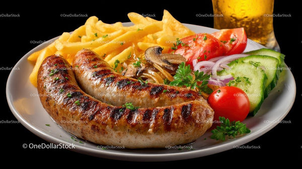 Grilled Sausage with Fries and Fresh Vegetables
