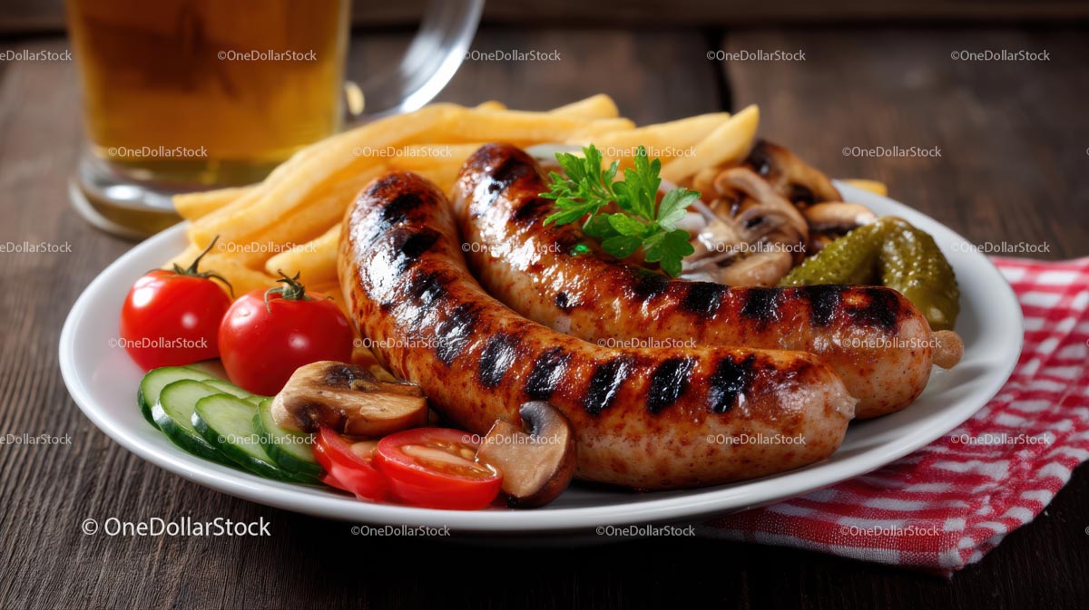Grilled Sausages with Fries and Vegetables on Wooden Table