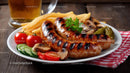 Grilled Sausages with Fries and Vegetables on Wooden Table