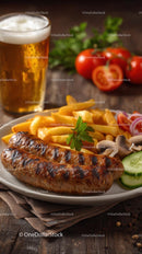 Grilled Sausage with Fries and Cold Beer on Rustic Table