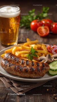 Grilled Sausage with Fries and Cold Beer on Rustic Table