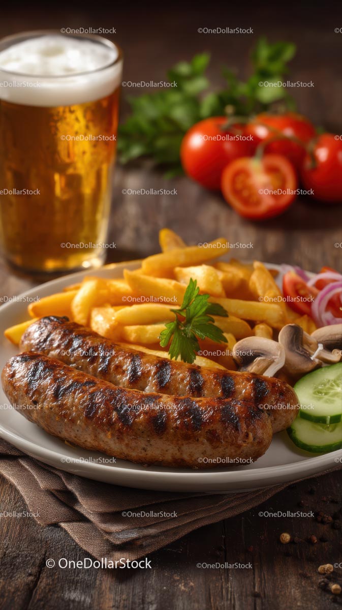 Grilled Sausage with Fries and Cold Beer on Rustic Table