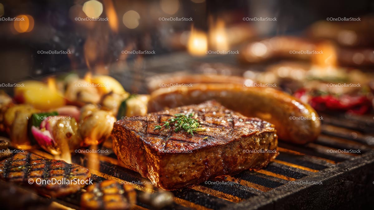 Juicy Grilled Steak and Sausages on Outdoor BBQ