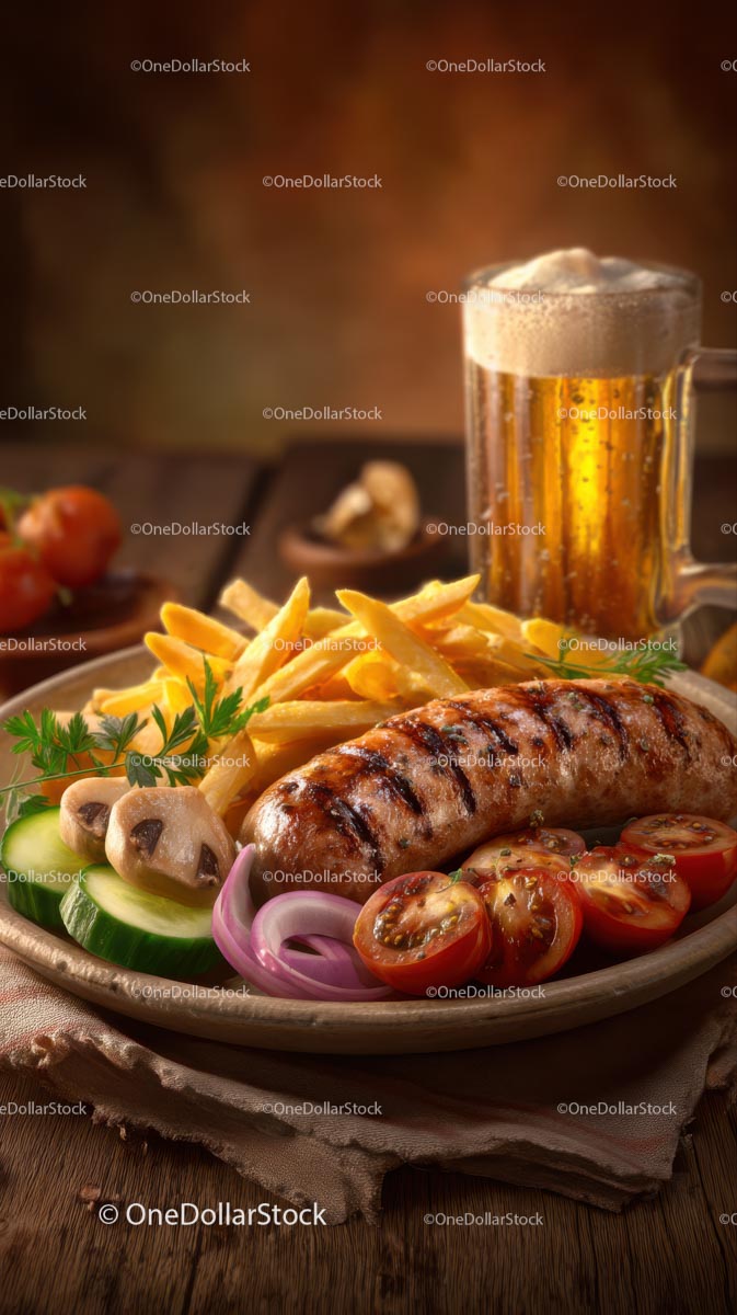 Grilled Sausage with Fries and Beer on Rustic Table