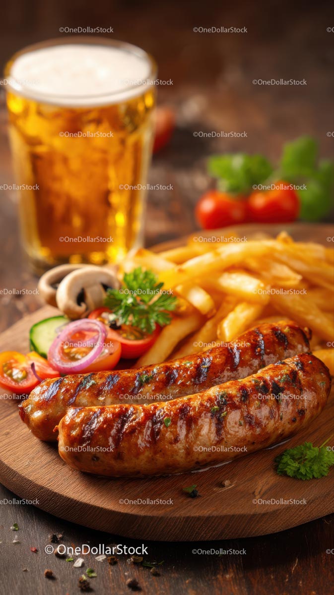 Grilled Sausages with Fries and Beer on Wooden Platter