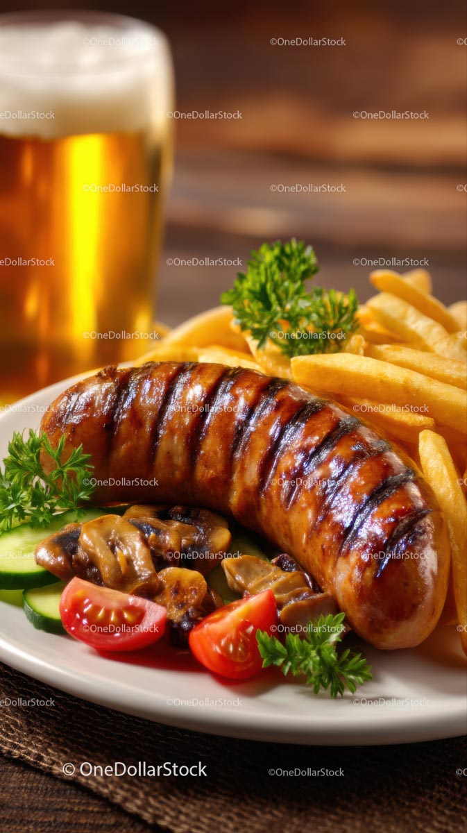 Grilled Sausage with Fries and Refreshing Beer