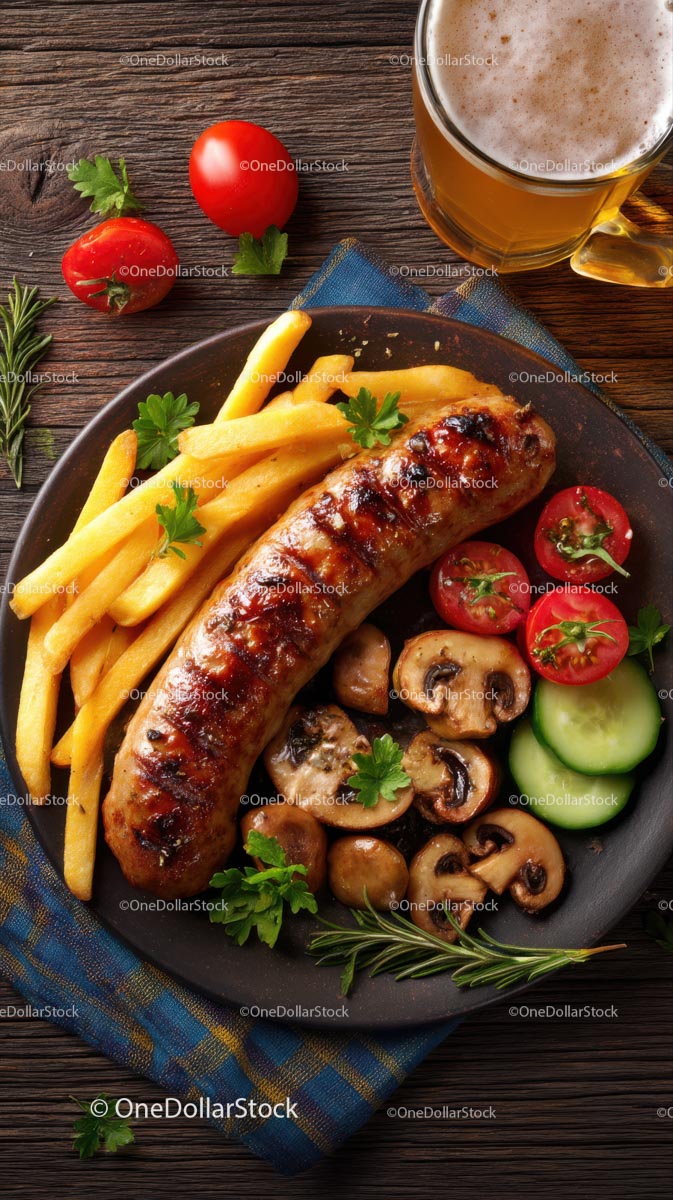 Grilled Sausage with Fries and Vegetables on Wooden Table
