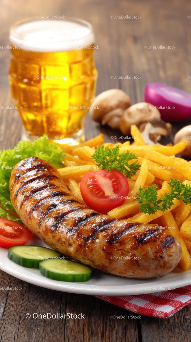 Grilled Sausage with Fries and Beer on Wooden Table