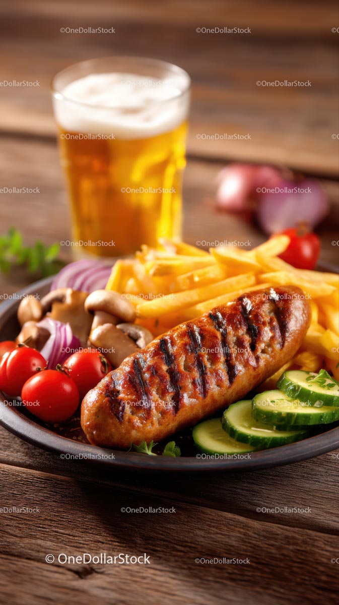 Grilled Sausage with Fries and Fresh Vegetables