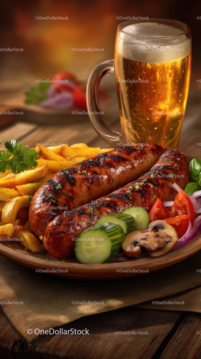 Grilled Sausages with Fries and Cold Beer on Wooden Table