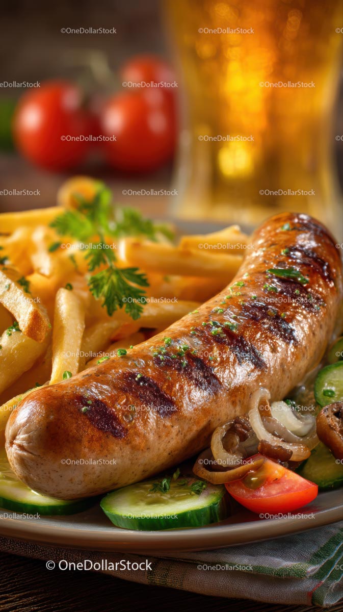 Grilled Sausage with Golden Fries and Vegetables