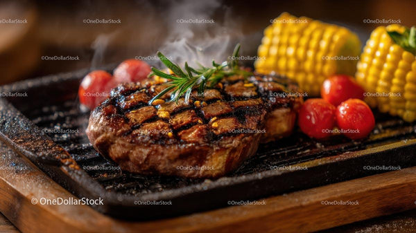 Grilled Steak with Corn and Cherry Tomatoes on Barbecue
