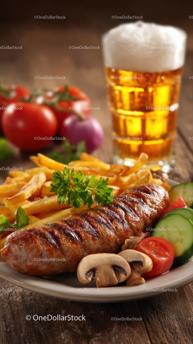 Grilled Sausage with Fries and Cold Beer