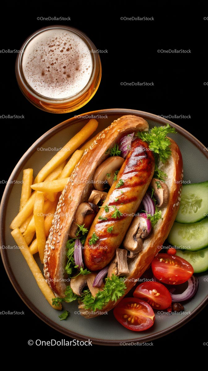 Gourmet Hotdog with Craft Beer and Crispy Fries