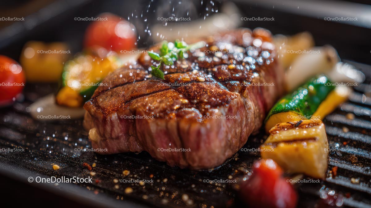 Soczysty grillowany stek z pieczonymi warzywami na grillu