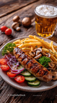 Grilled Sausage with Vegetables and Beer on Rustic Table